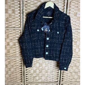 Jade‎ & Ivory Cropped Tweed Jacket - Black White Button Down Blazer M Retro